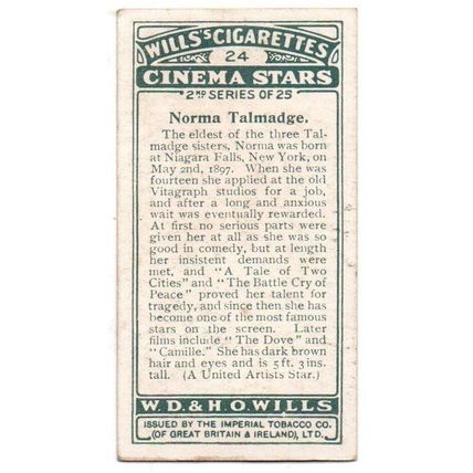 WILLS CIGARETTE CARD CINEMA STARS 2nd. SERIES 1928 No.24 NORMA TALMADGE