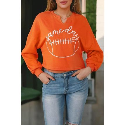 Orange Game Day Lettering Rugby Notched Neck Sweatshirt