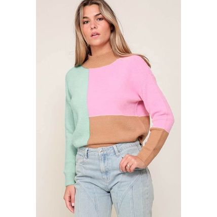 Multicolour Colorblock Mock Neck Ribbed Trim Sweater