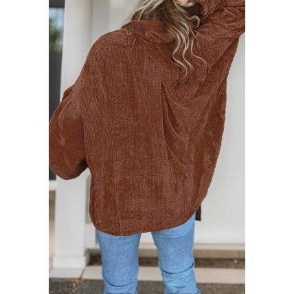 Coffee Textured Corduroy Puff Sleeve Shacket