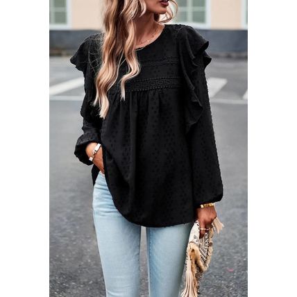 Black Lace Eyelet Ruffle Shoulder Long Sleeve Blouse