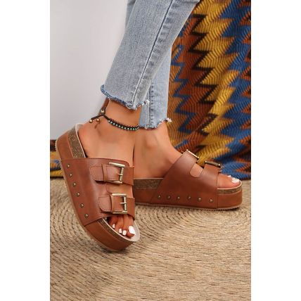 Chestnut Dual Buckle Studded Platform Sandal Slippers