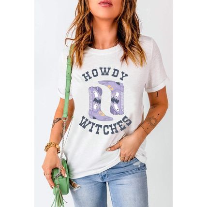 White HOWDY WITCHES Halloween Boots Crewneck T Shirt