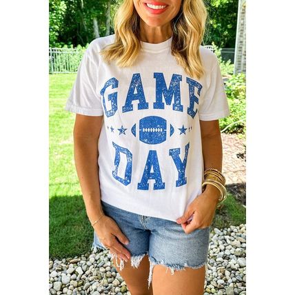 White GAME DAY Rugby Football Graphic Crewneck T Shirt