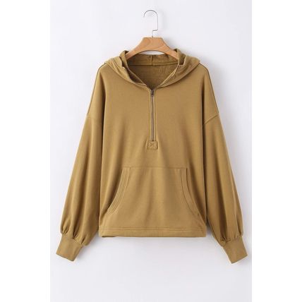 Brown Solid Kangaroo Pocket Half Zipper Oversized Hoodie