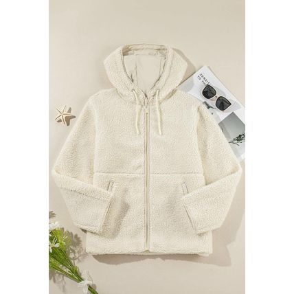 Beige Fleece Zip Up Drawstring Hooded Pocketed Jacket