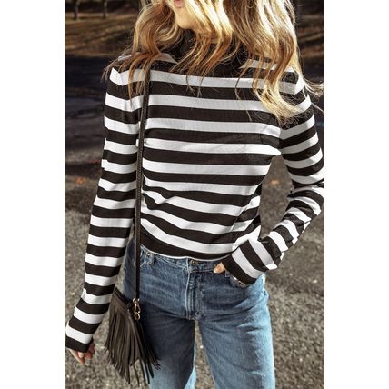 Black Stripe Slim Fit High Neck Knit Sweater