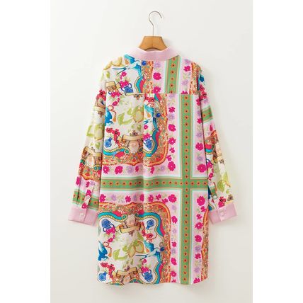 Multicolour Boho Floral Print Buttoned Long Sleeve Shirt Dress