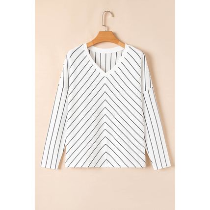 Black Stripe Chevron Striped V Neck Long Sleeve Casual Top