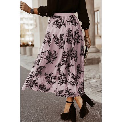 Peach Blossom Floral Leaves Embroidered High Waist Maxi Skirt