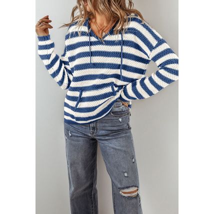 Blue Stripe V Neck Pocketed Drawstring Hooded Sweater