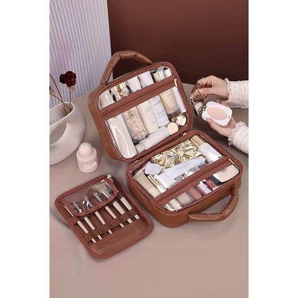 Black Checkered Multiple Compartments PU Leather Cosmetic Bag