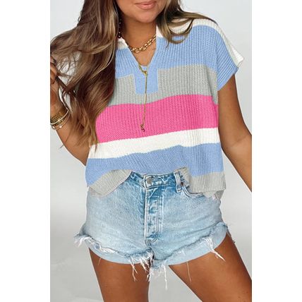 Light Blue Color Block Notch V Neck Sweater T Shirt