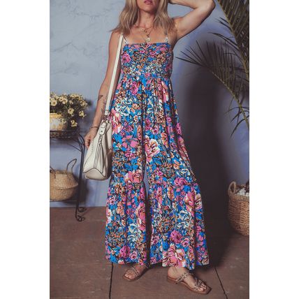 Pink Floral Smocked Bust Spaghetti Straps Wide Leg Jumpsuit