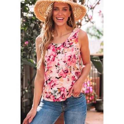 Pink Floral Round Neck Twisted Cut Out Back Tank Top