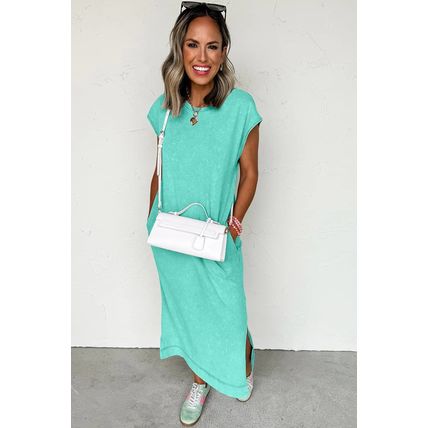 Clearly Aqua Mineral Wash Pocketed T-shirt Long Dress