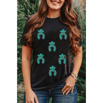 Black Western Turquoise Pattern Sequin Patched T Shirt