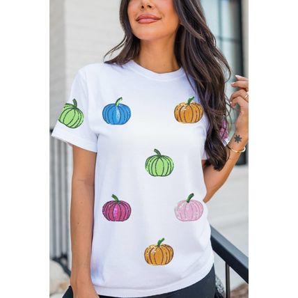 White Sequin Pumpkin Patched Cotton Blend T Shirt