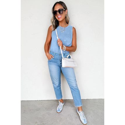 Beau Blue Mineral Wash Patched Chest Pocket Casual Tank Top