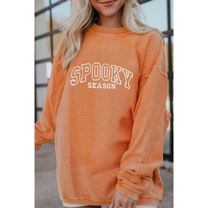 Orange SPOOKY SEASON Embroidered Letter Graphic Twisted Ribbed Sweatshirt
