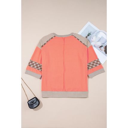 Grapefruit Orange Plaid Waffle Flower Patchwork Bracelet Sleeve Top