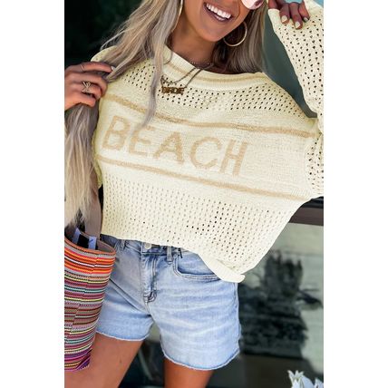 White BEACH Hollow Out Knitted Lightweight Dolman Sweater