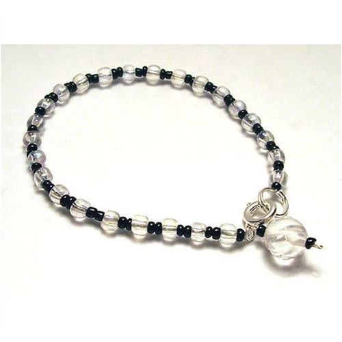 Bracelet silver plated black & opalescent glass bead 6.5 inch unisex jewelry