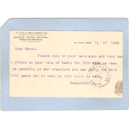 MN St Paul Sport Bicycle Penny Post Card From C J & F E Smith Supply Co 21~336