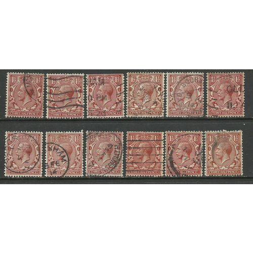 GB 1912 - 24 KGV 1 1/2d Brown x 12 Variety/shades Wmk 100.( F117 )