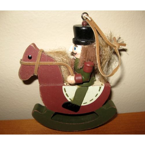 Painted Wood Christmas Ornament-Nutcracker On Rocking Horse With Sisal Mane/Tail