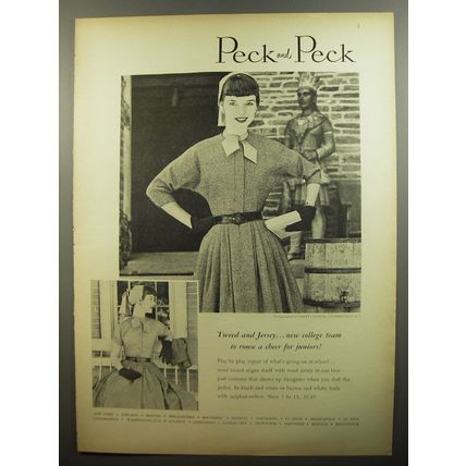 1952 Peck and Peck Dresses Ad - Tweed and Jersey.. new college team to rouse