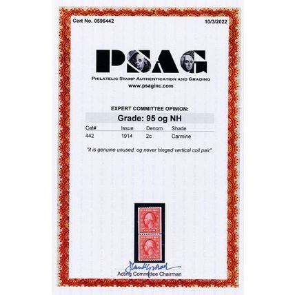 442 Mint NH XF/S 2¢ Coil Pair With PSAG Certificate Graded 95 - Stuart Katz
