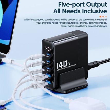 Toocki 140W GaN USB Charger Desktop Charging Station 5 Ports, PD Type-C, UK Plug