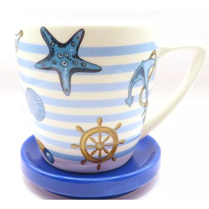 Beach Theme Mug Fine China Blue & White Stripes 9 CM Tableware Ceramic Gift