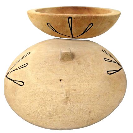 Natural Wood Rice Vegetable Steamer Lidded Bowl Hand Carved Burned Design