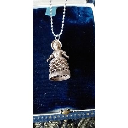 Antique Vintage Victorian 1890-s Solid Silver Lady Doll Pendant on Modern Chain.