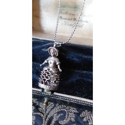 Antique Vintage Victorian 1890-s Solid Silver Lady Doll Pendant on Modern Chain.