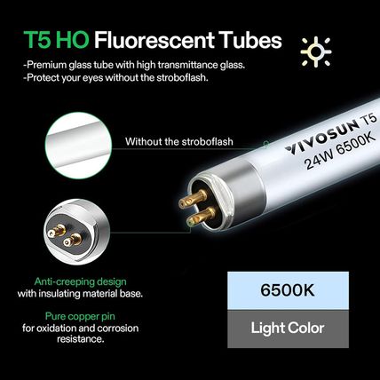 VIVOSUN T5 Grow Light Bulbs 2 Ft 22 Inches, 24W 6500K HO Fluorescent Tubes Light