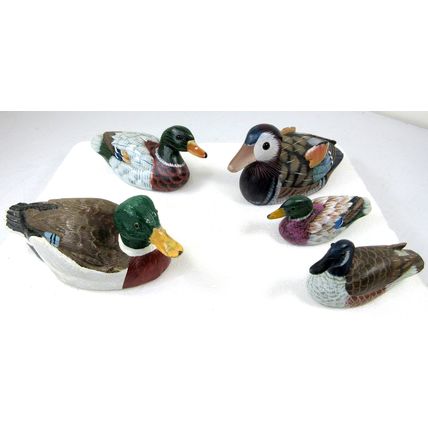 Vintage LOT of 5 Mini Duck Decoy Figures Stone Wood Hand Painted Mallard Goose