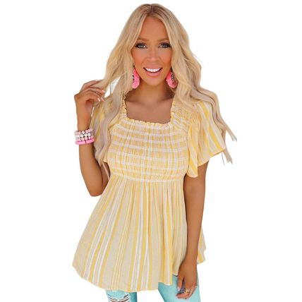 Yellow Striped Print Smocked Flowy Blouse