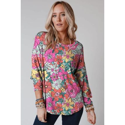 Multicolor Twisted Hollow-out Back Floral Long Sleeve Top