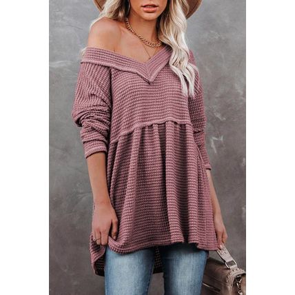 Pink Waffle Knit V Neck Long Sleeve Babydoll Top