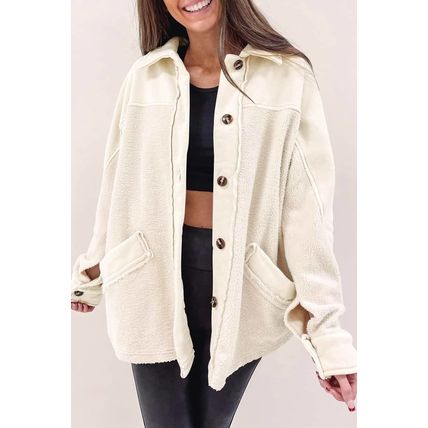 Beige Button-Up Stitching Pocket Raw Hem Shacket