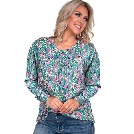 Green Floral Pleated Round Neck Long Sleeve Blouse