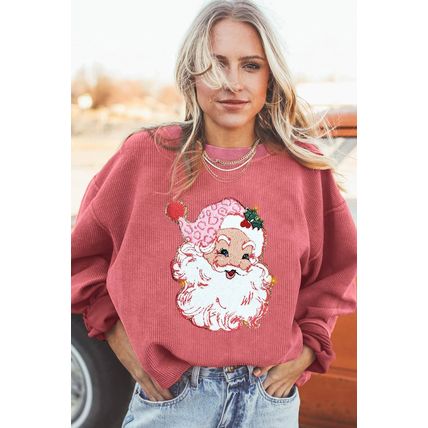 Strawberry Pink Santa Claus Sparkle Corded Crew Neck Sweatshirt