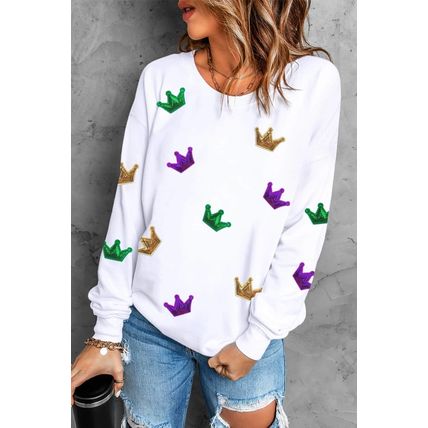 White Mardi Gras Crown Sequined Patch Crew Neck Sweatshirt