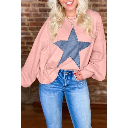 Gossamer Pink Studded Star Graphic Oversized Long Sleeve Top