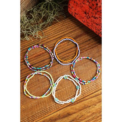 Yellow Flower Random Color Multi Layered Beaded Anklet Set