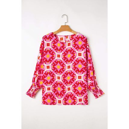 Strawberry Pink Geometric Print Shirred Cuff 3/4 Sleeve Loose Blouse
