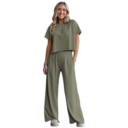 Seagrass Raw Hem Loose Tee and Wide Leg Pants Set